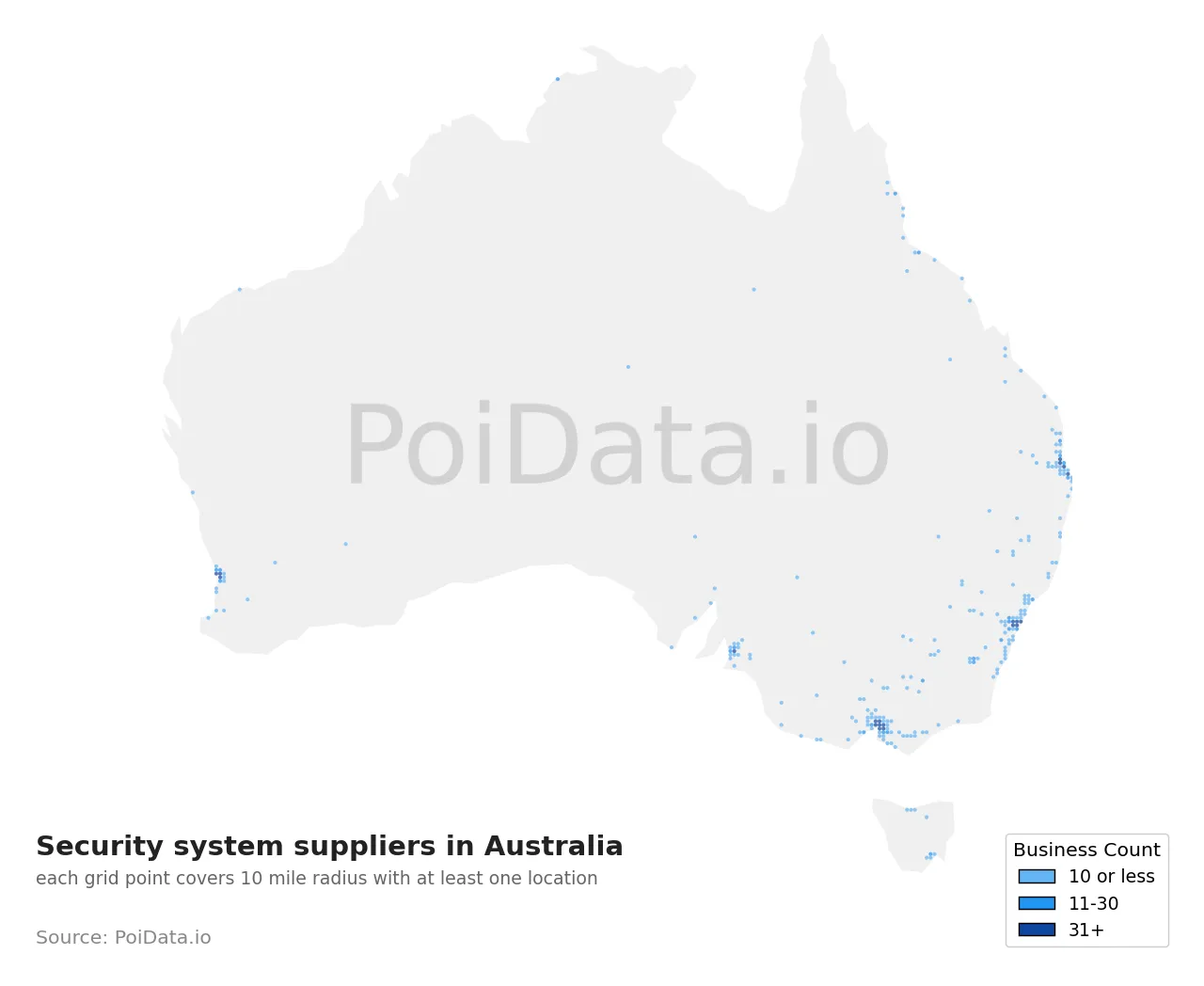 Security system supplier density map for Australia