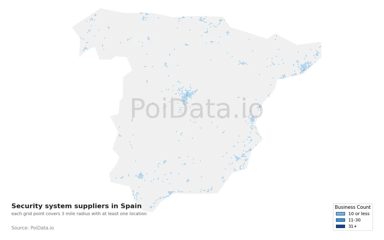 Security system supplier density map for Spain