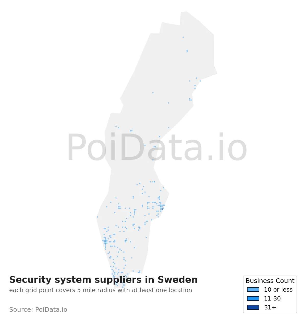 Security system supplier density map for Sweden