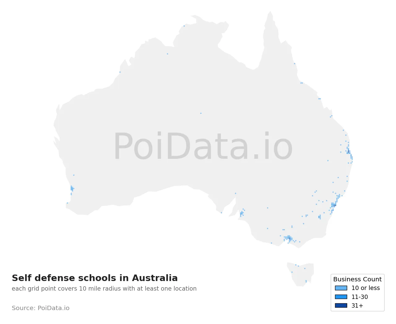 Self defense school density map for Australia