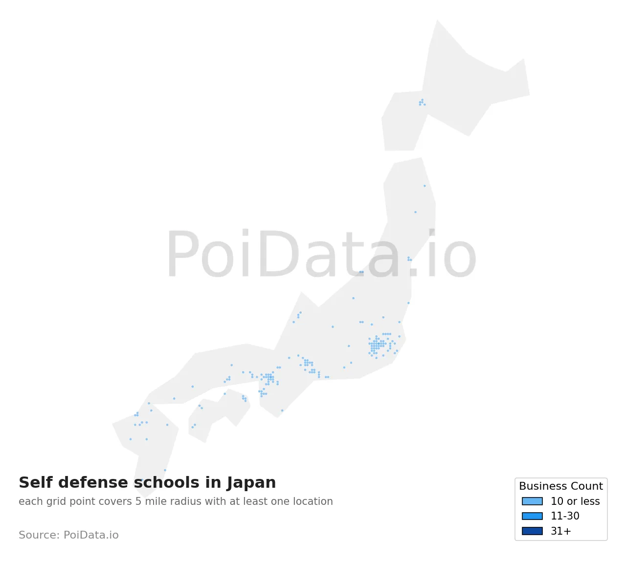 Self defense school density map for Japan