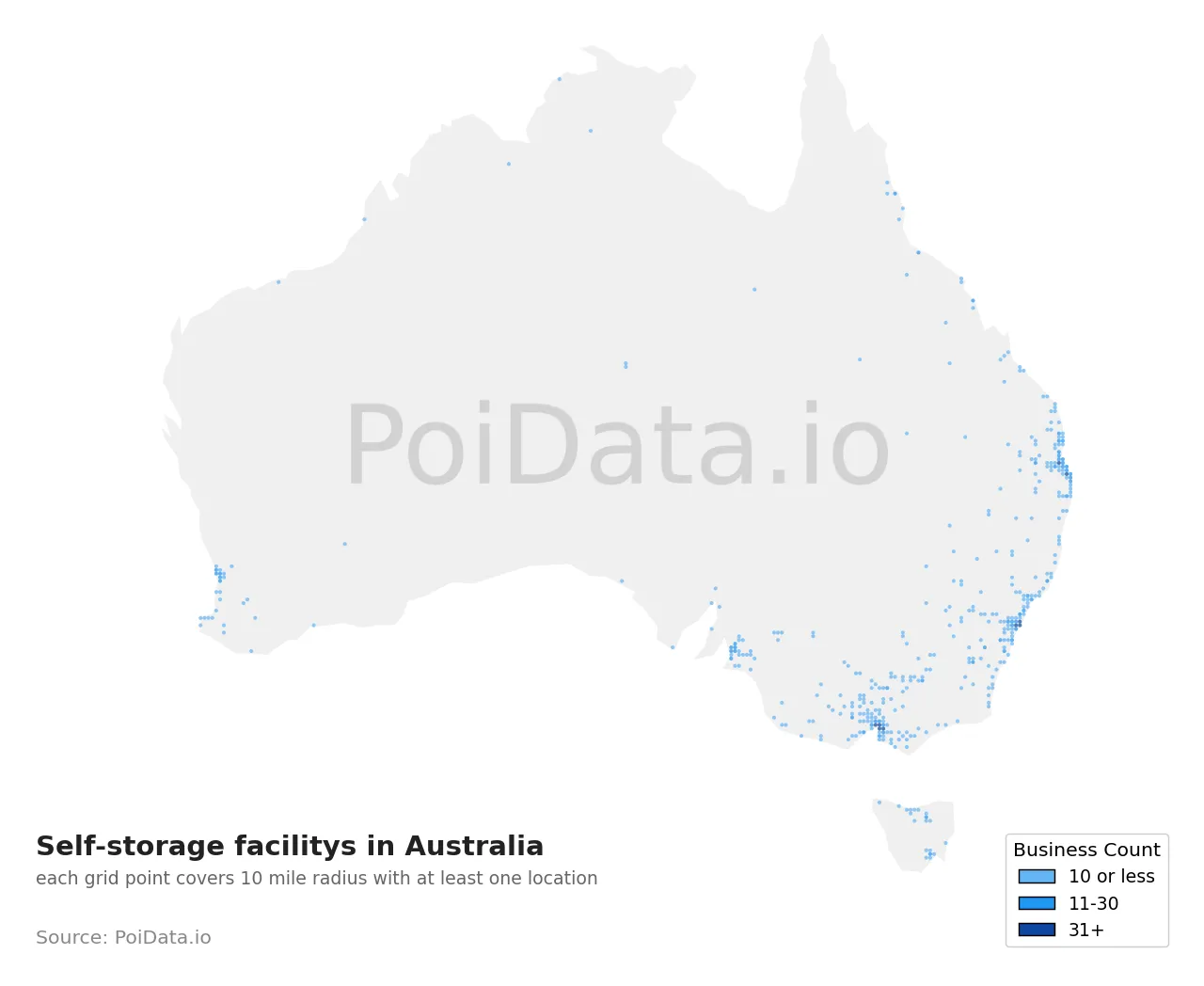 Self-storage facility density map for Australia