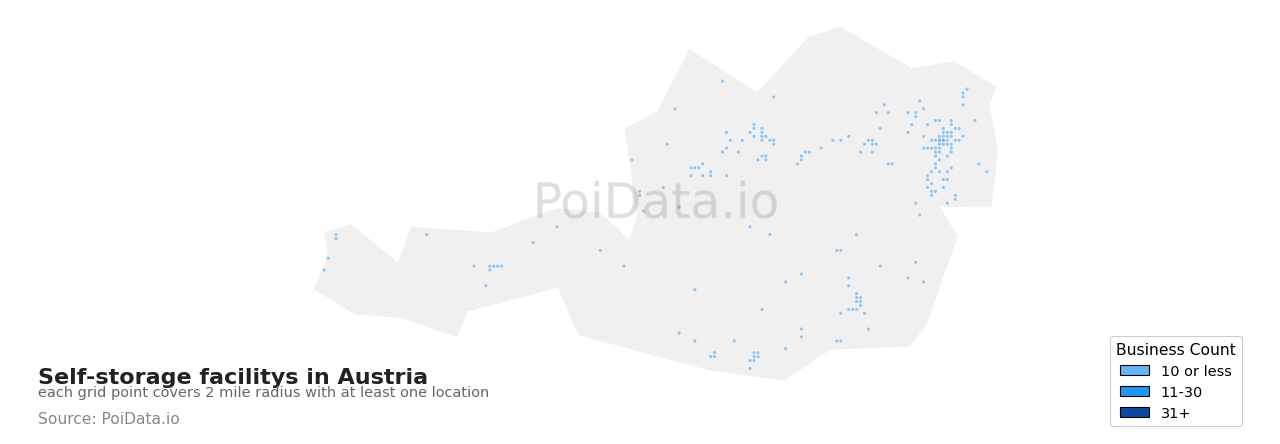 Self-storage facility density map for Austria