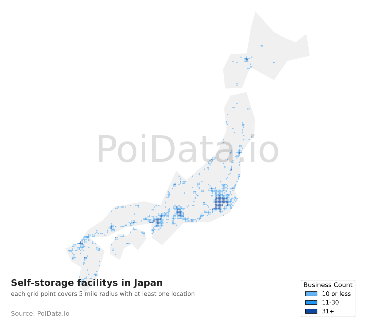 Self-storage facility density map for Japan