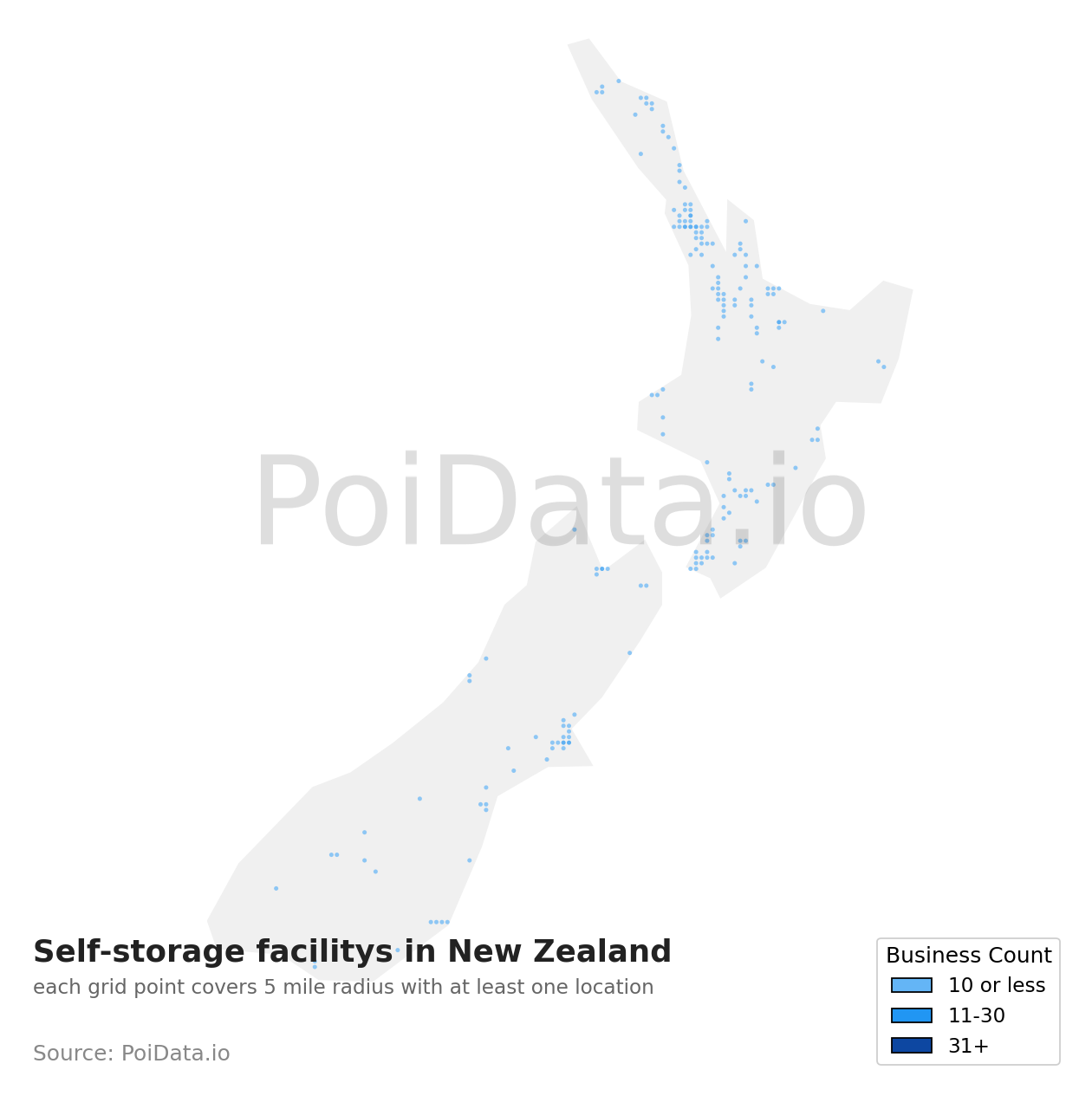 Self-storage facility density map for New Zealand