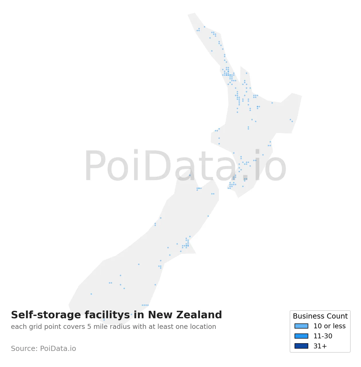 Self-storage facility density map for New Zealand