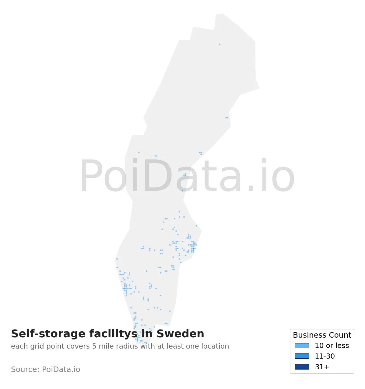 Self-storage facility density map for Sweden