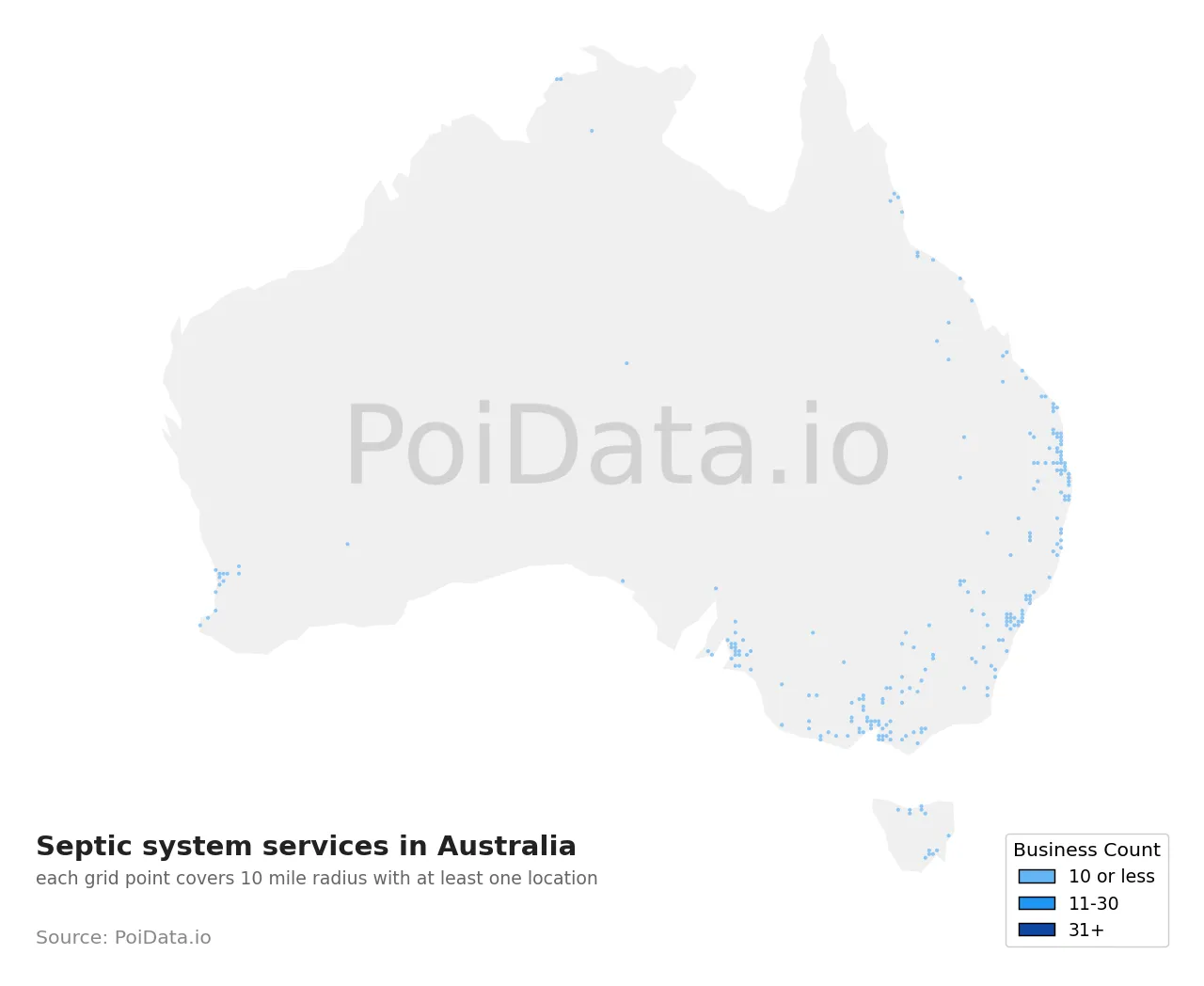 Septic system service density map for Australia