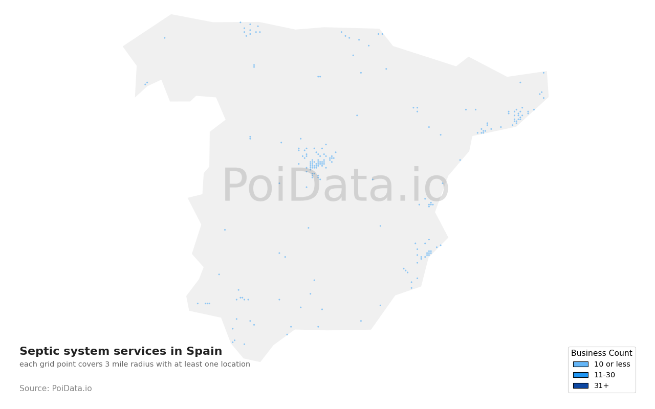 Septic system service density map for Spain