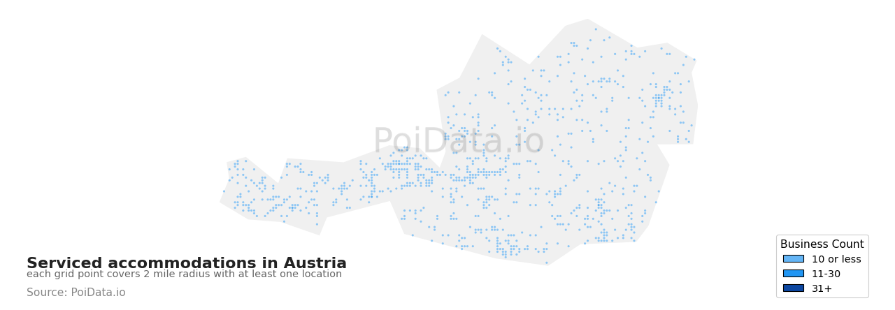 Serviced accommodation density map for Austria