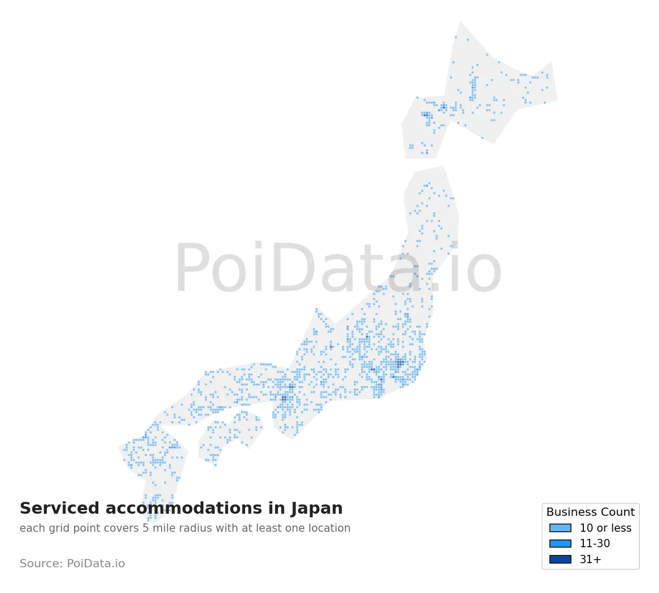 Serviced accommodation density map for Japan