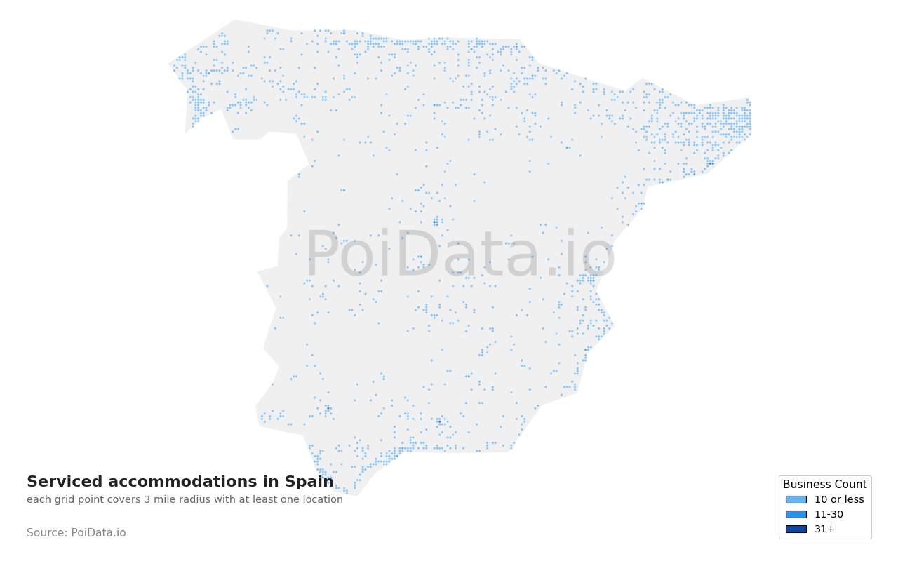 Serviced accommodation density map for Spain