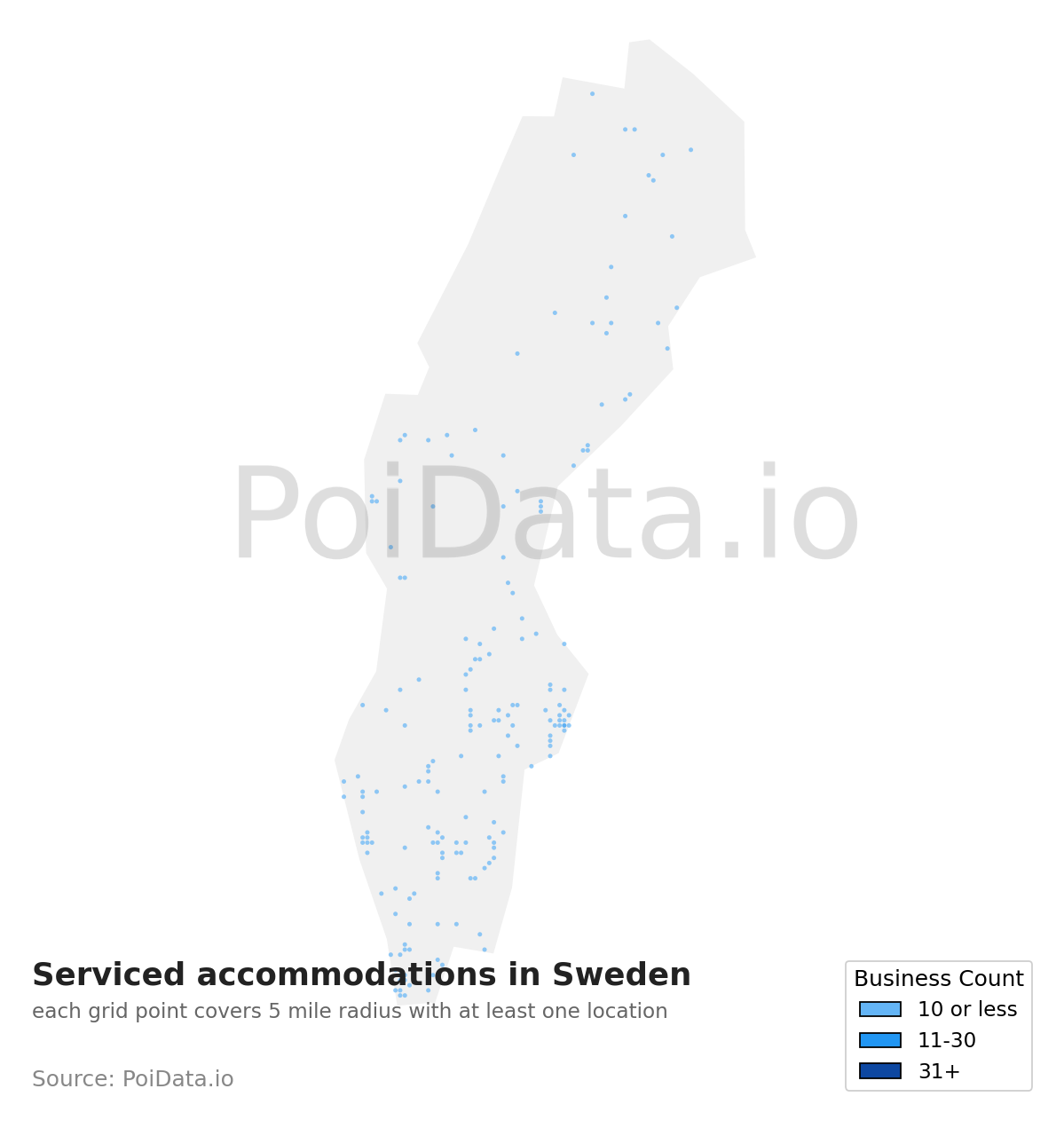 Serviced accommodation density map for Sweden