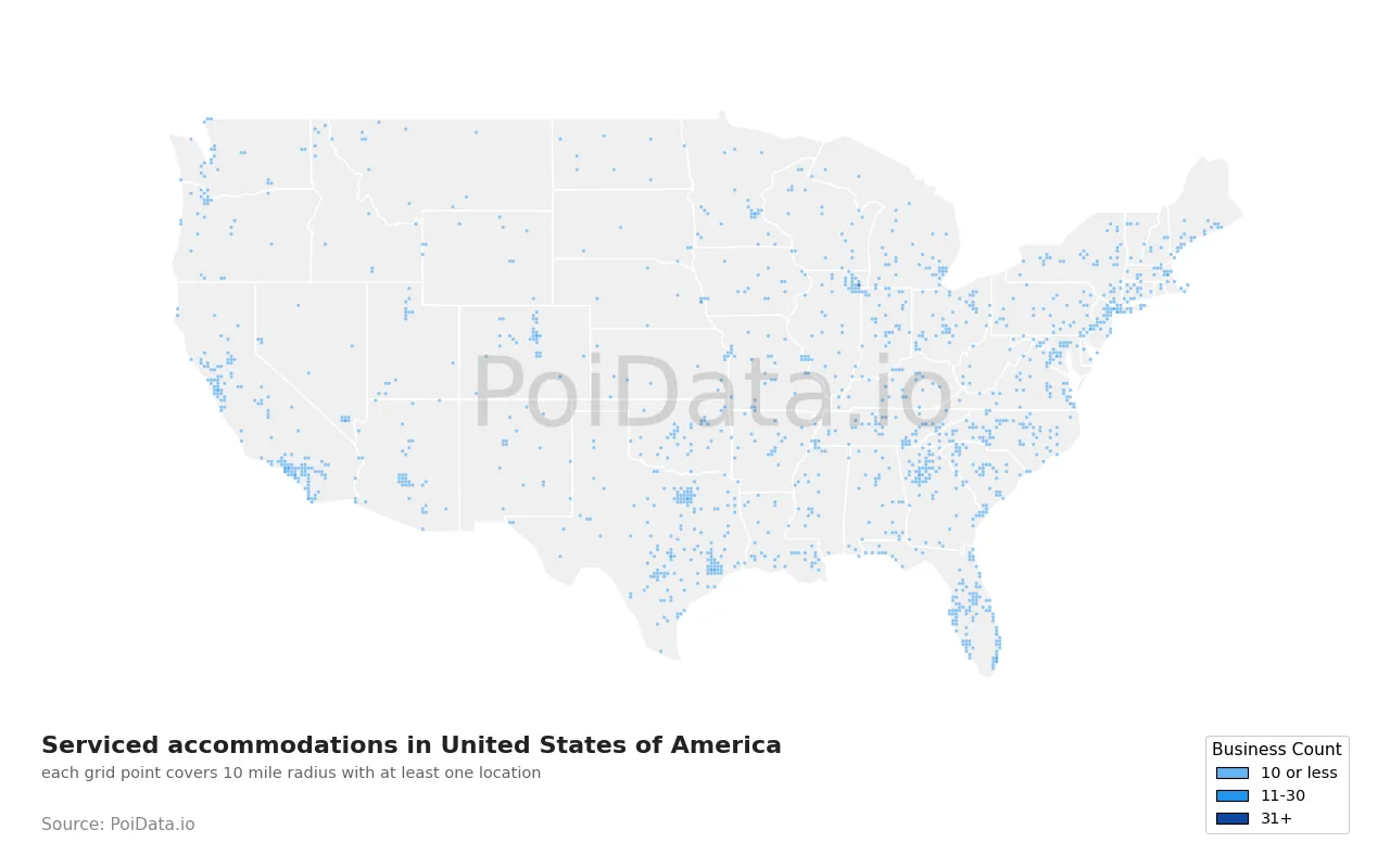 Serviced accommodation density map for United States