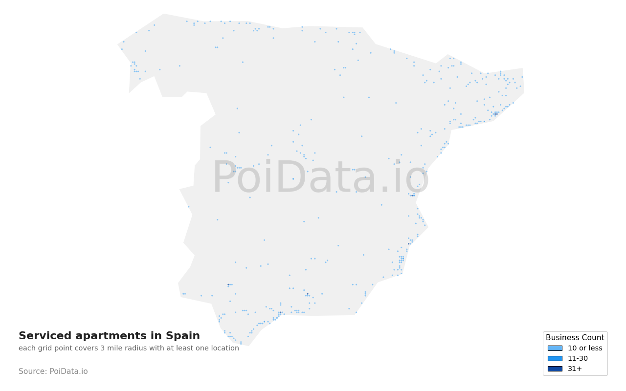 Serviced apartment density map for Spain