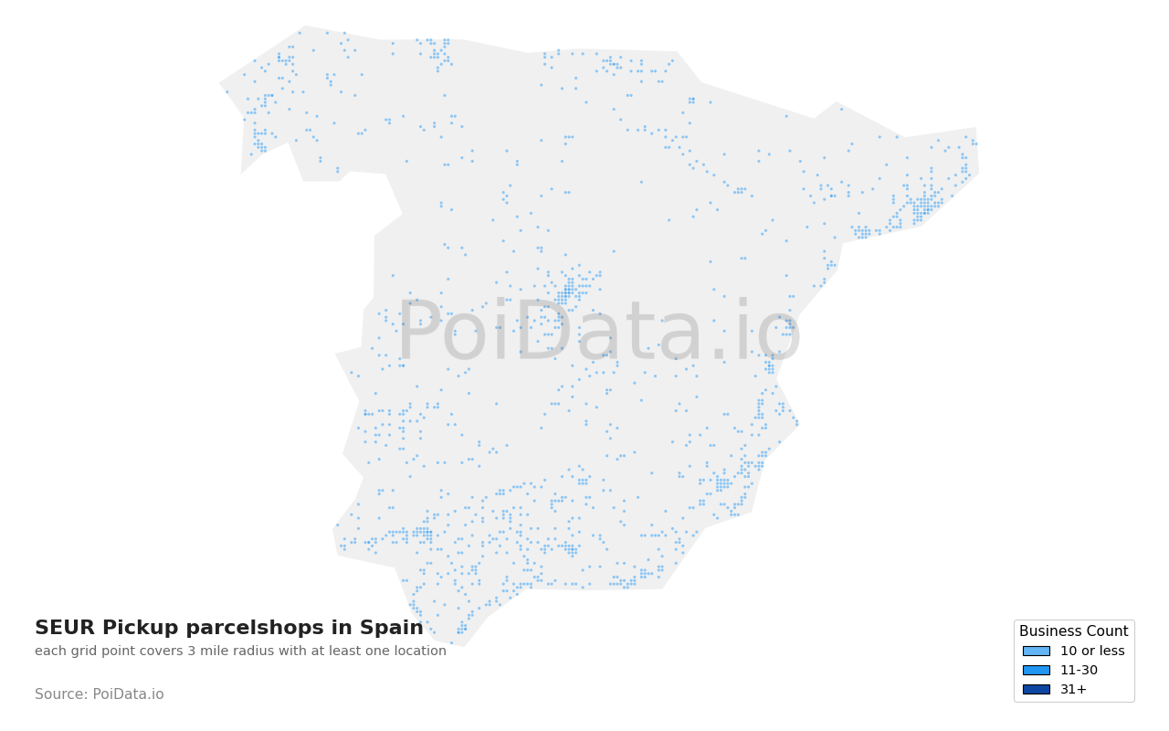 SEUR Pickup parcelshop density map for Spain