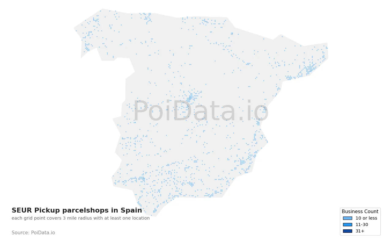 SEUR Pickup parcelshop density map for Spain