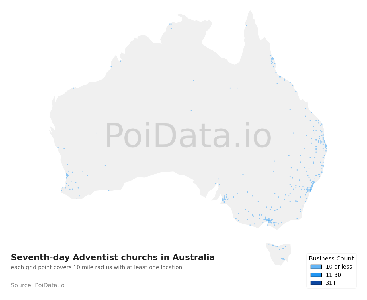 Seventh-day Adventist church density map for Western Australia, Australia