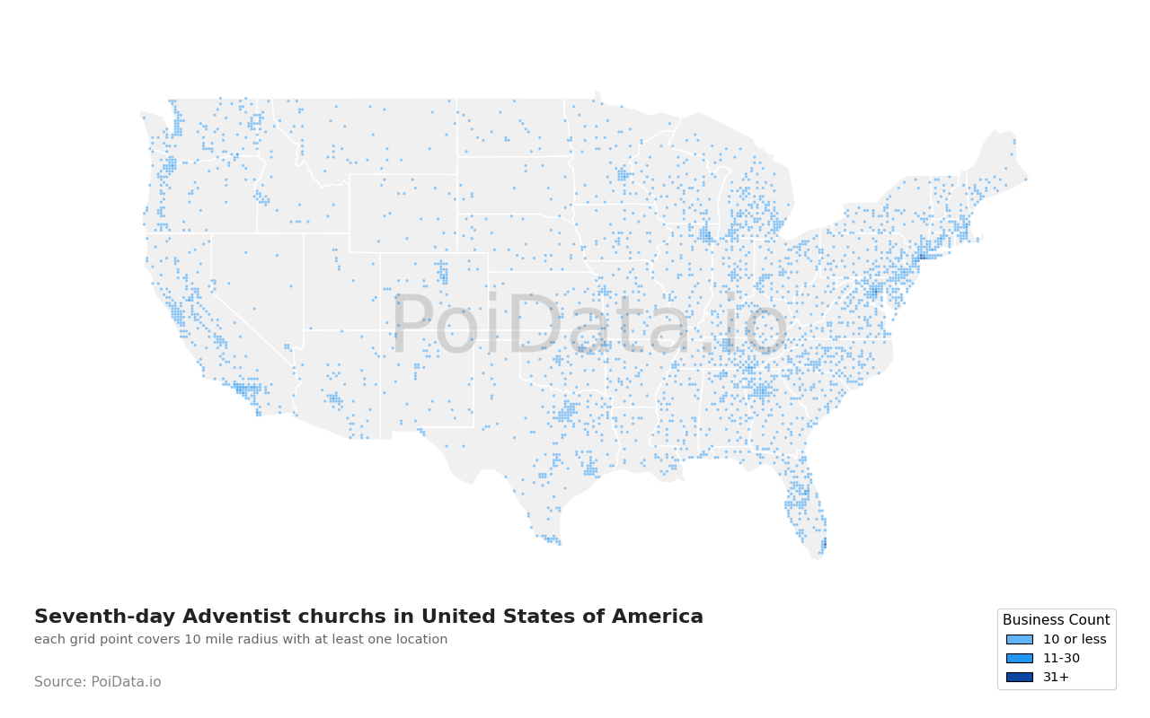 Seventh-day Adventist church density map for Alabama, United States