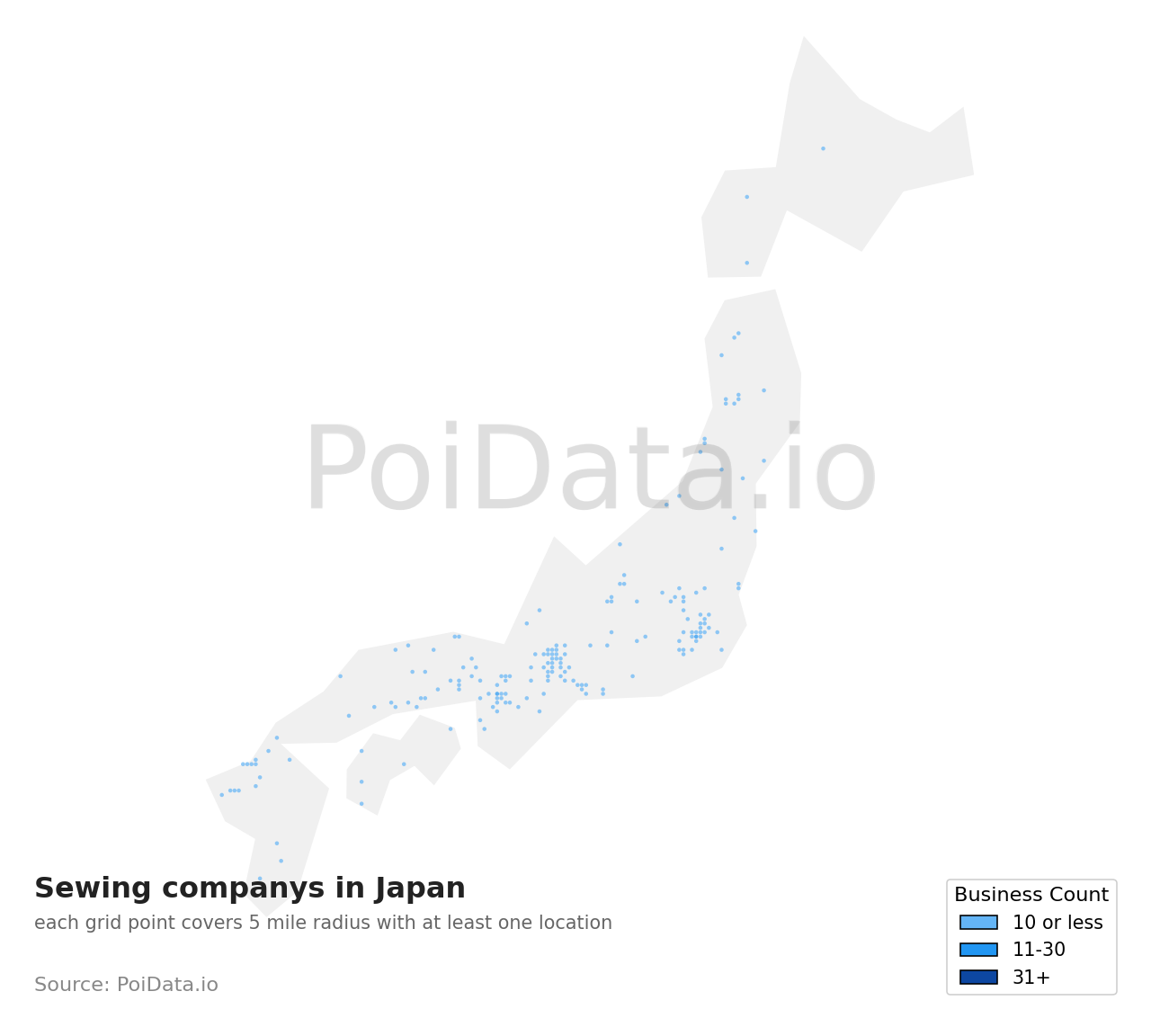 Sewing company density map for Japan
