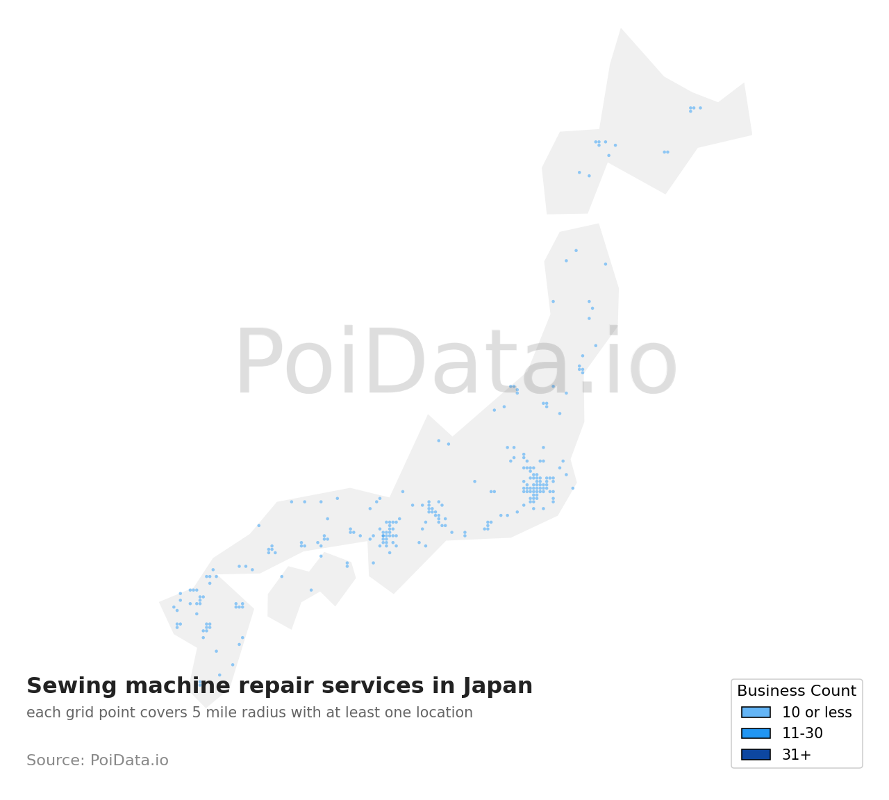 Sewing machine repair service density map for Hiroshima, Japan