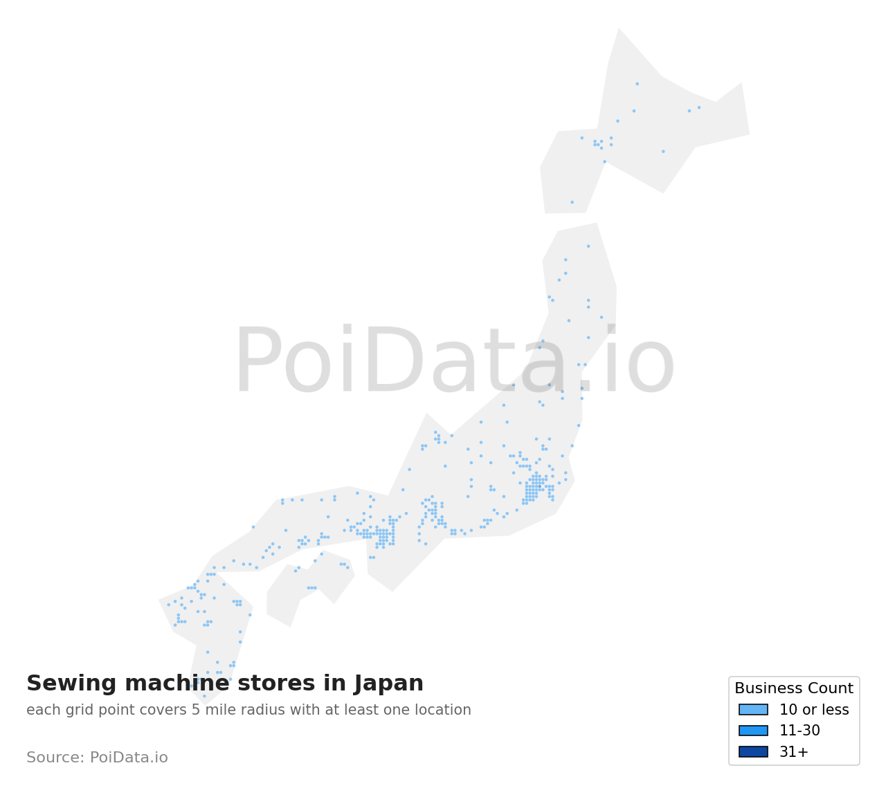Sewing machine store density map for Japan
