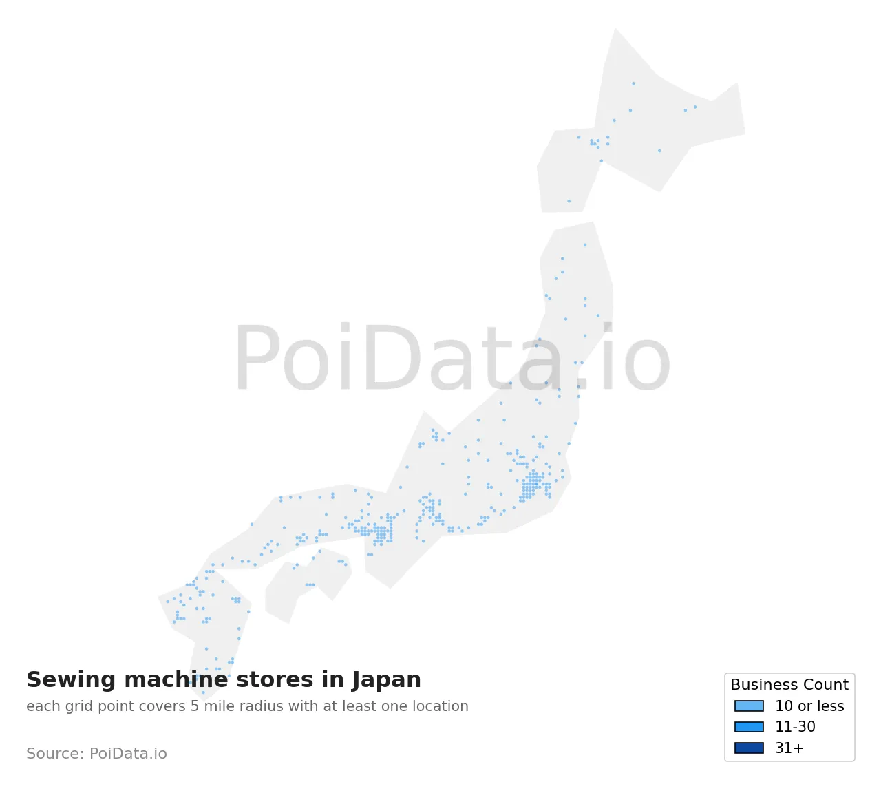 Sewing machine store density map for Japan