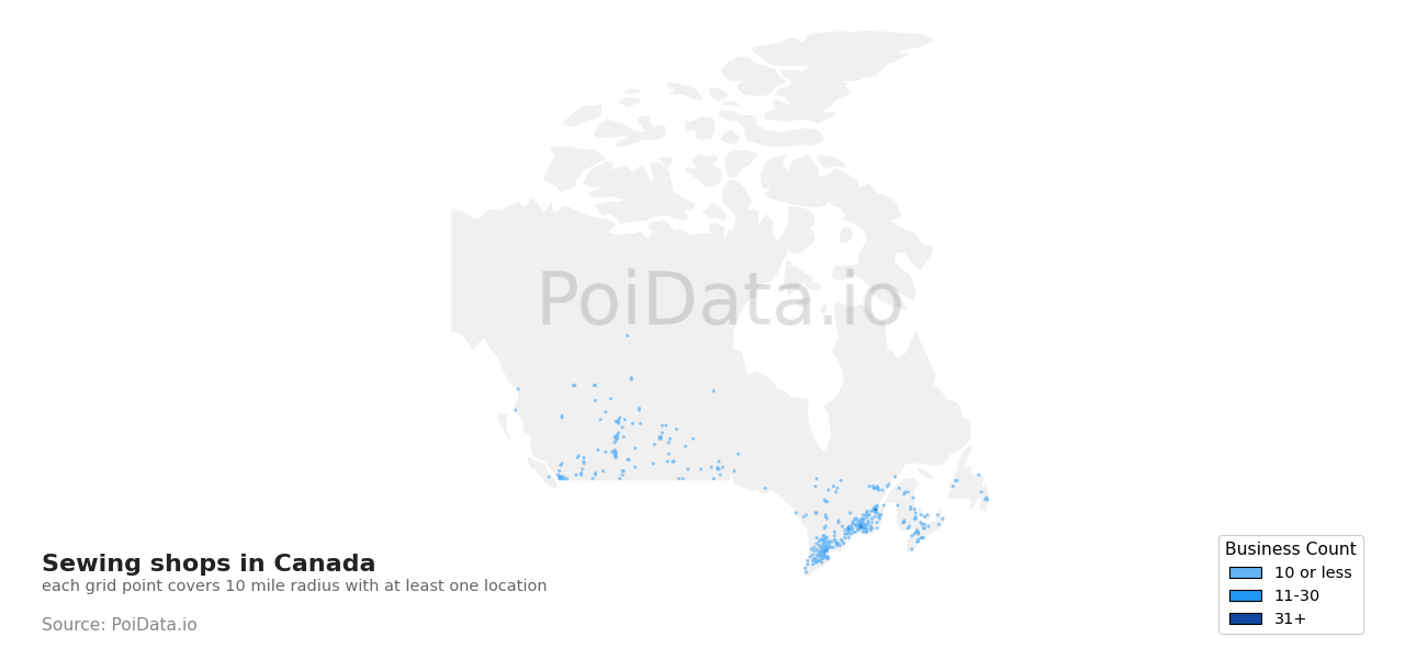Sewing shop density map for Canada