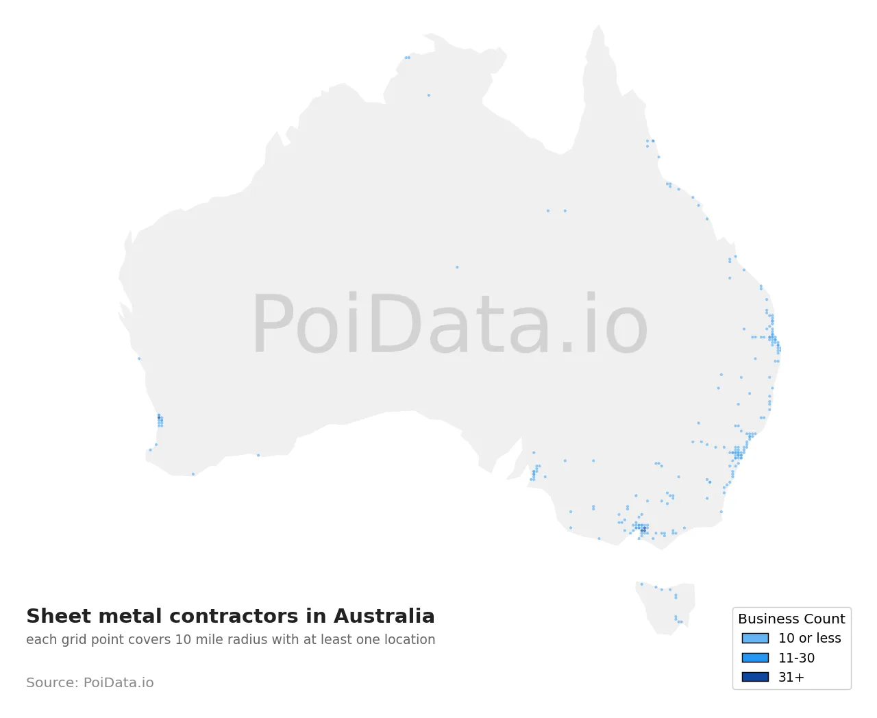 Sheet metal contractor density map for Australia