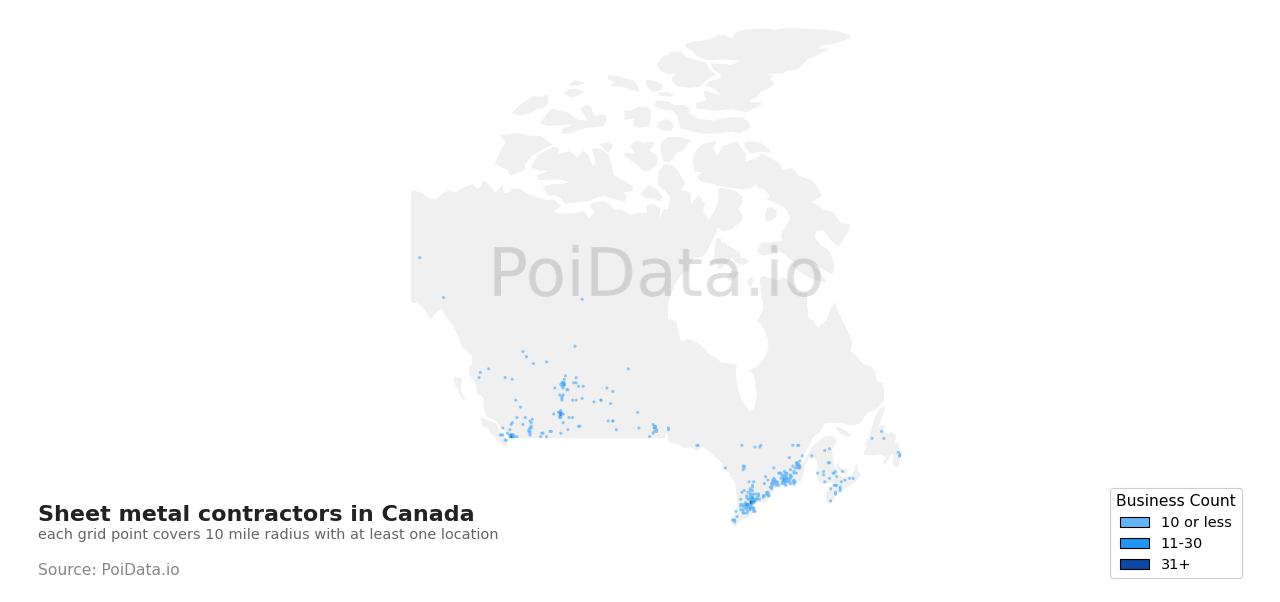Sheet metal contractor density map for Newfoundland and Labrador, Canada