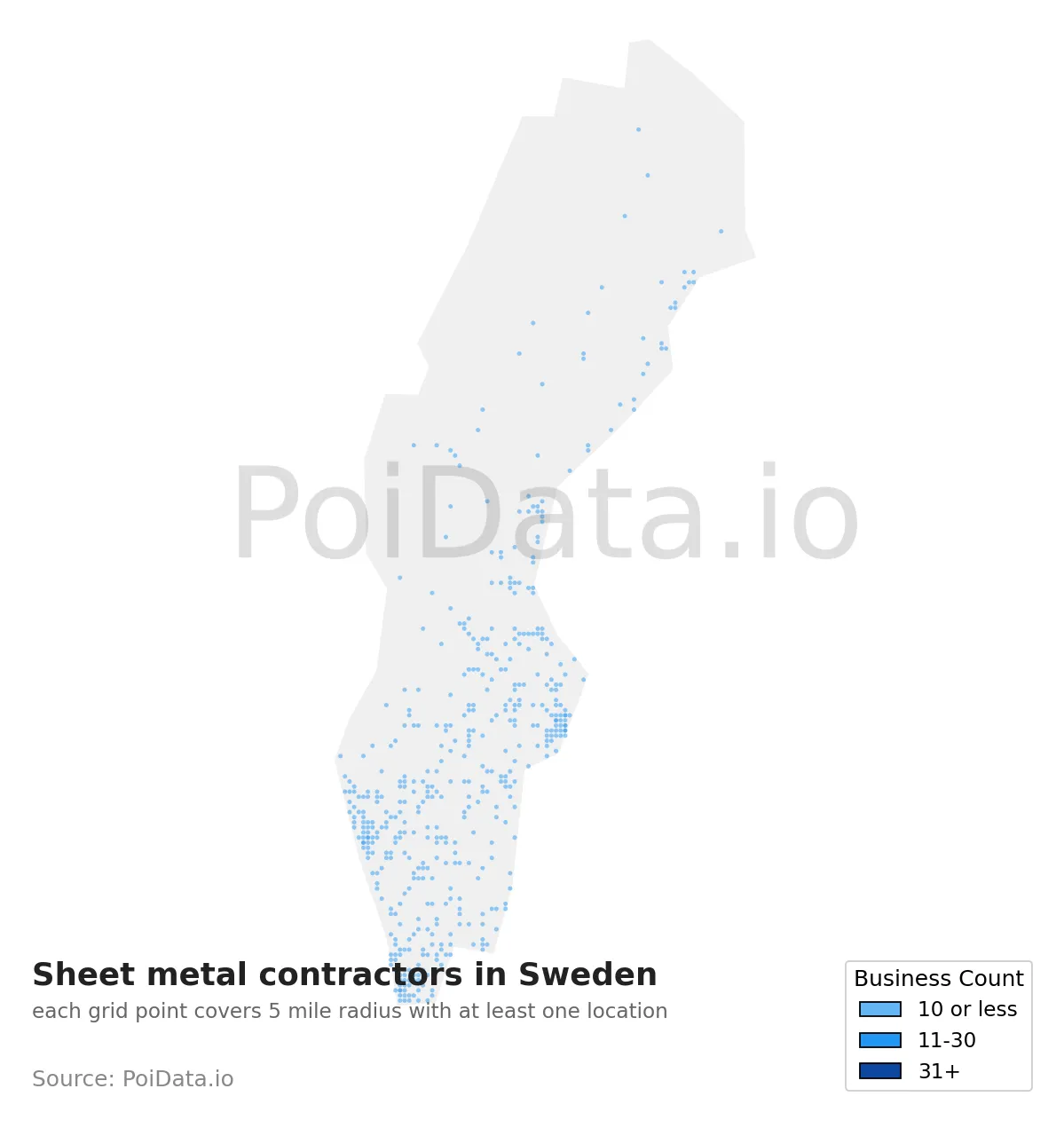 Sheet metal contractor density map for Sweden