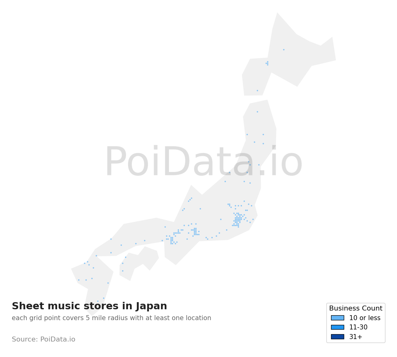 Sheet music store density map for Shizuoka, Japan