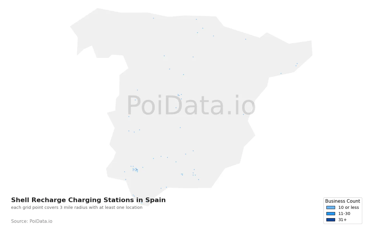 Shell Recharge Charging Station density map for Spain