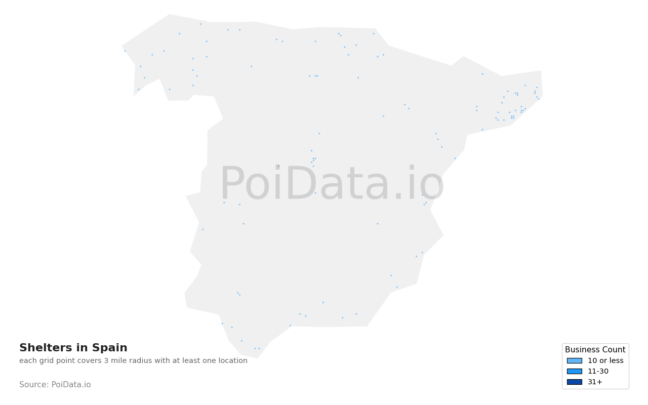Shelter density map for Spain