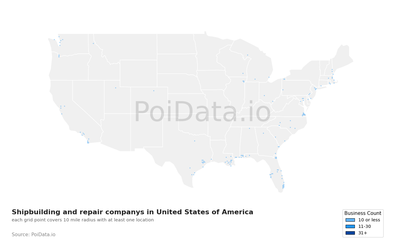 Shipbuilding and repair company density map for California, United States