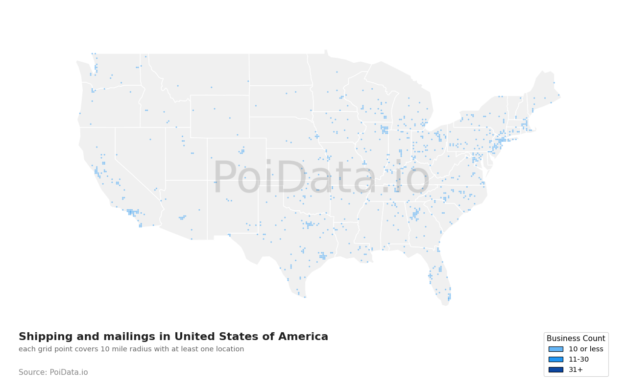 Shipping and mailing density map for United States