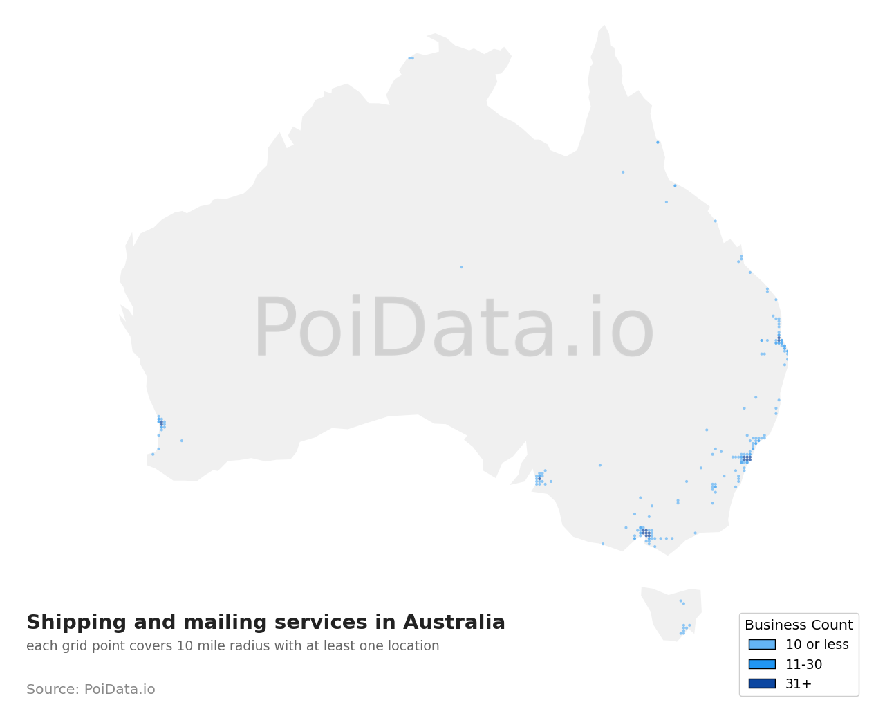 Shipping and mailing service density map for Australia