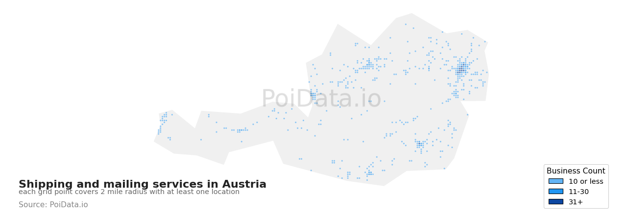 Shipping and mailing service density map for Austria