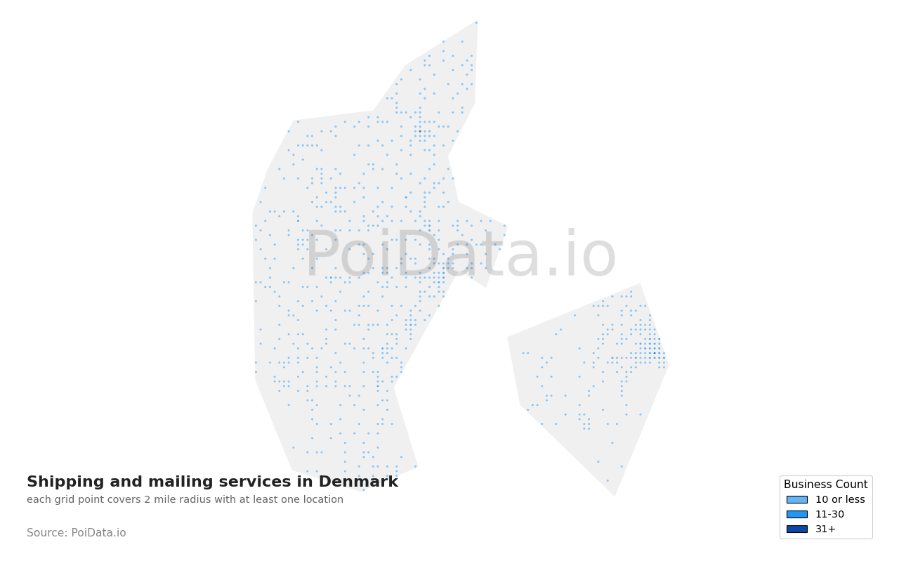Shipping and mailing service density map for Denmark