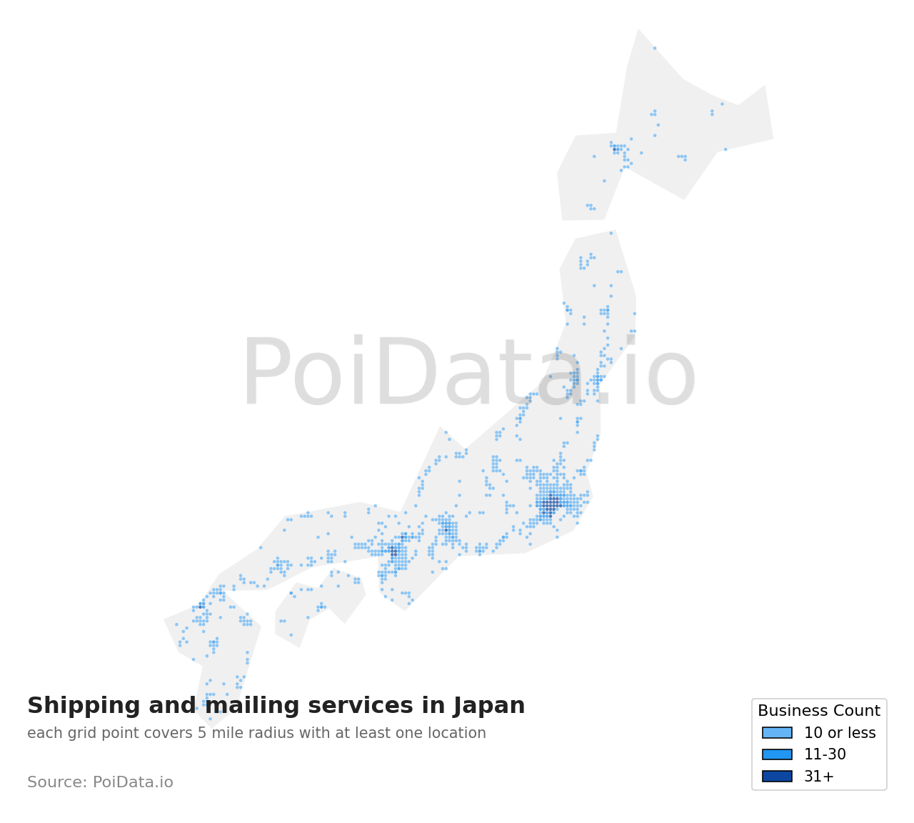 Shipping and mailing service density map for Japan