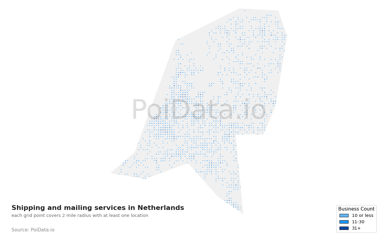 Shipping and mailing service density map for Netherlands