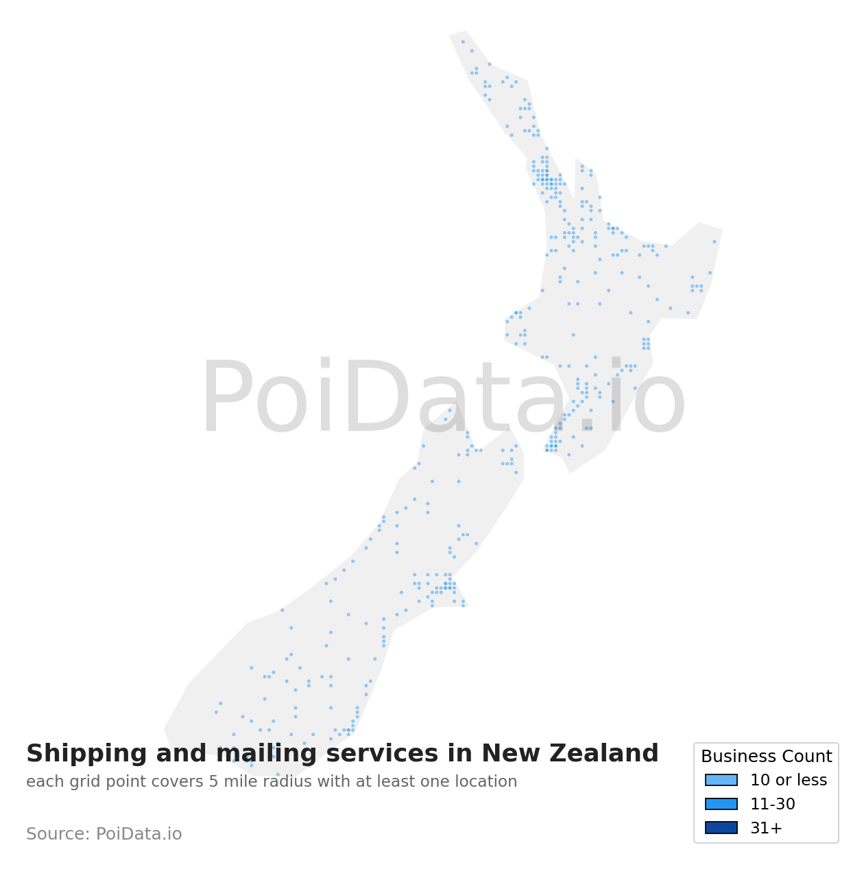Shipping and mailing service density map for New Zealand