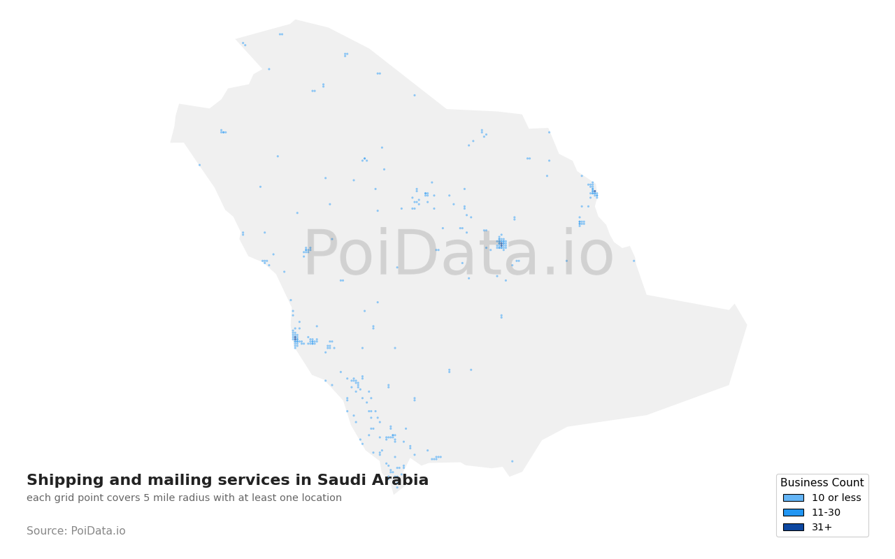 Shipping and mailing service density map for Saudi Arabia