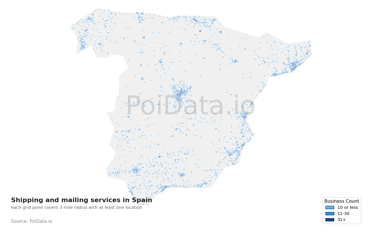 Shipping and mailing service density map for Spain