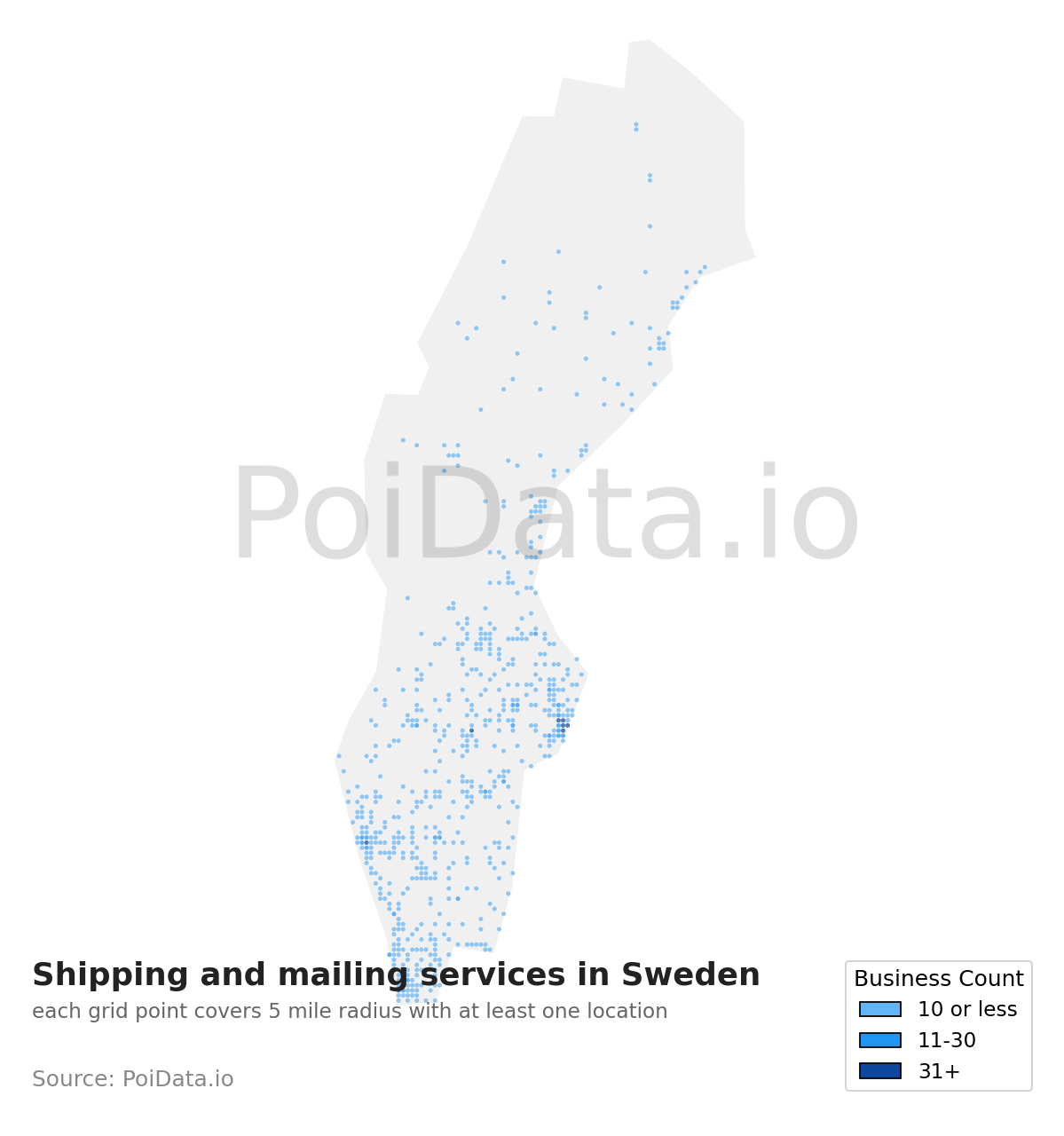 Shipping and mailing service density map for Sweden