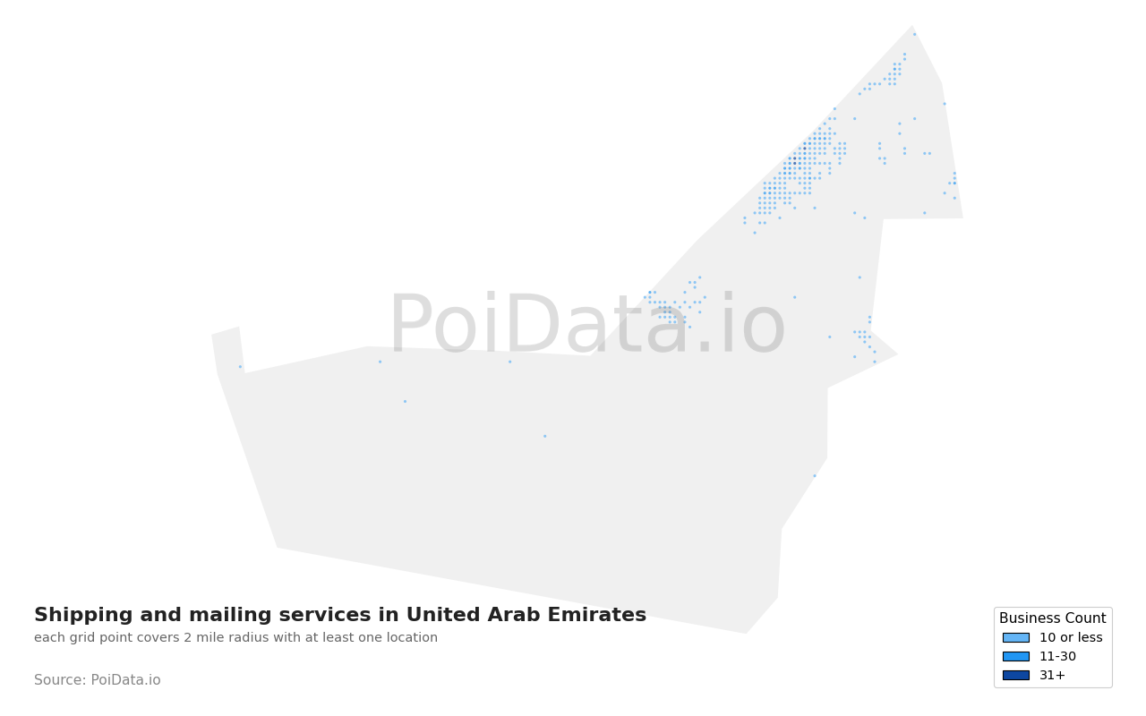 Shipping and mailing service density map for United Arab Emirates