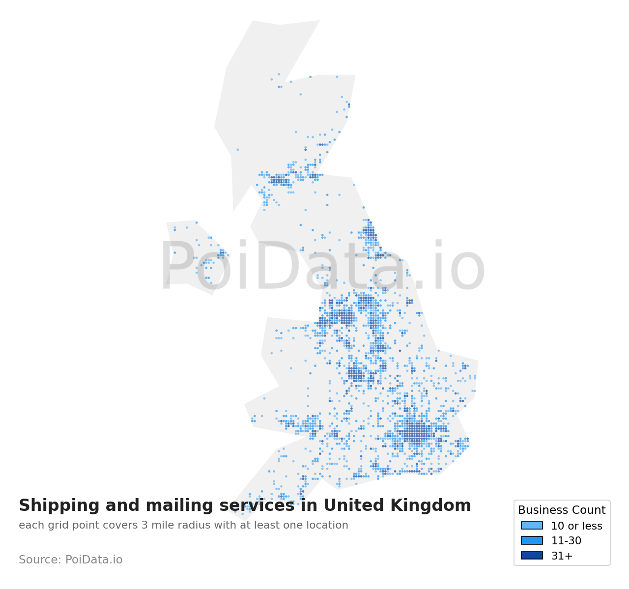 Shipping and mailing service density map for United Kingdom