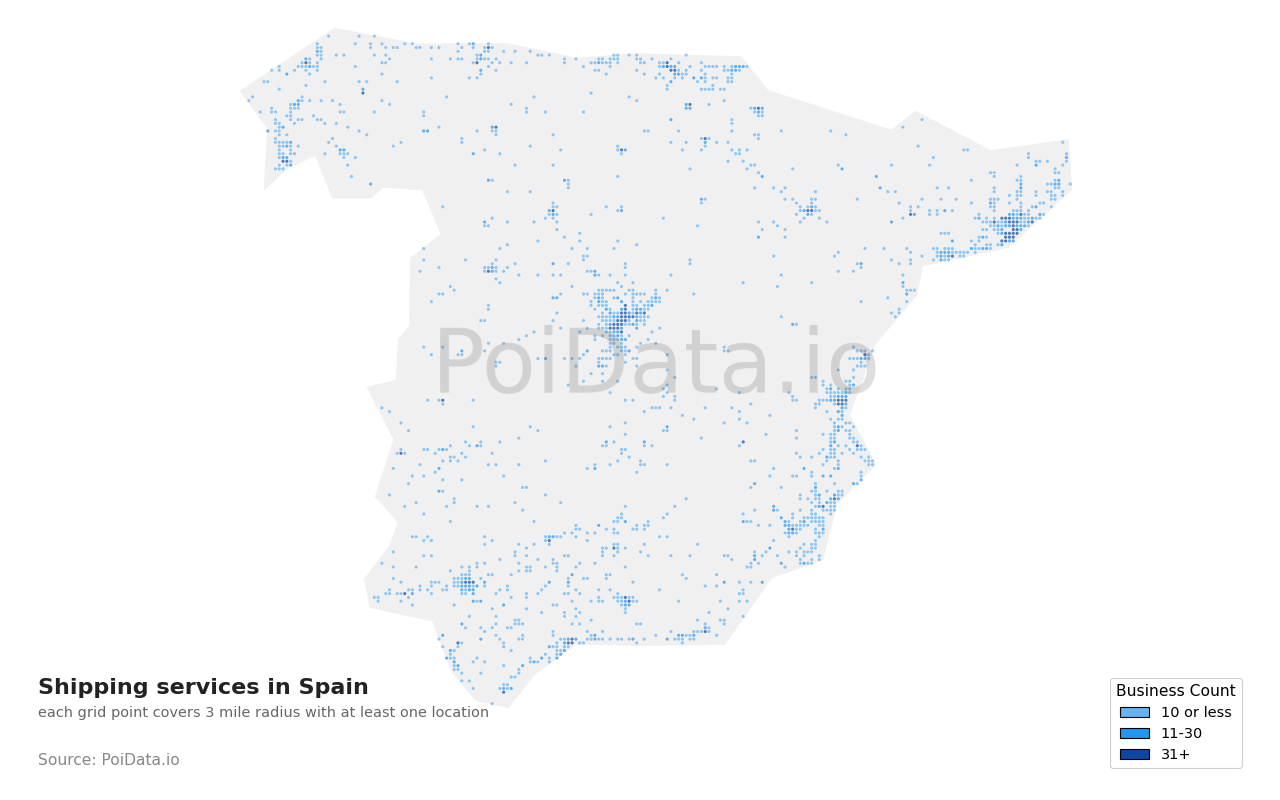 Shipping service density map for Spain