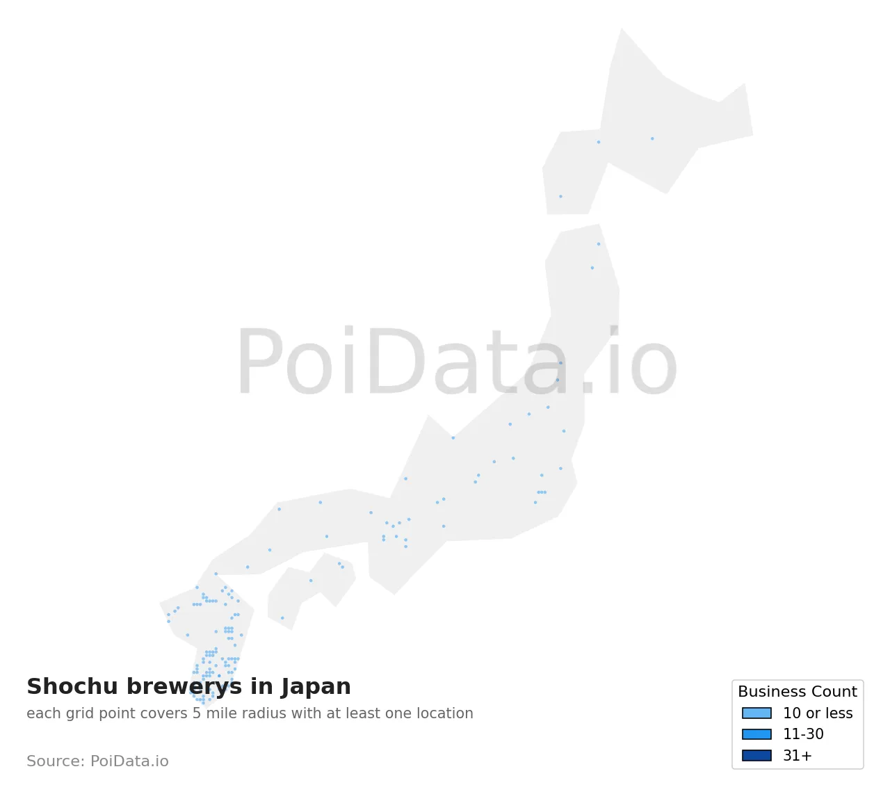 Shochu brewery density map for Japan