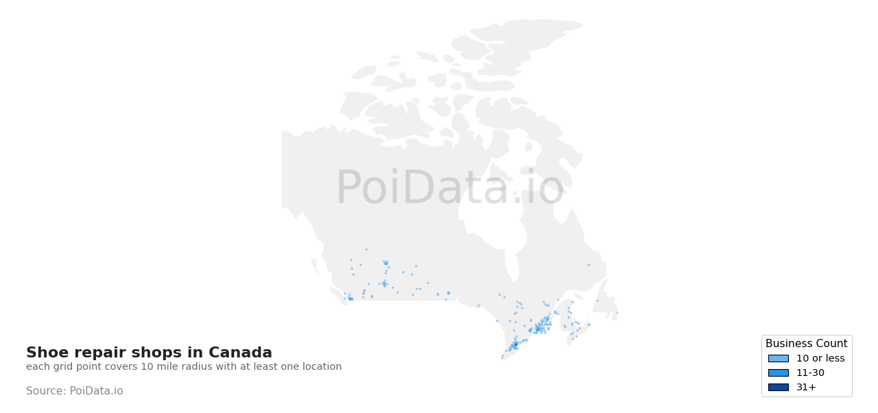 Shoe repair shop density map for Canada